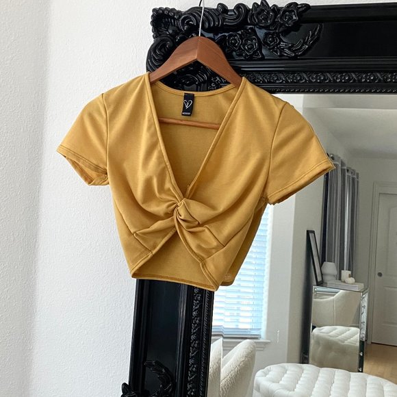 Windsor | Women's Mustard Yellow Knot Cropped T-Shirt Blouse - Picture 1 of 3
